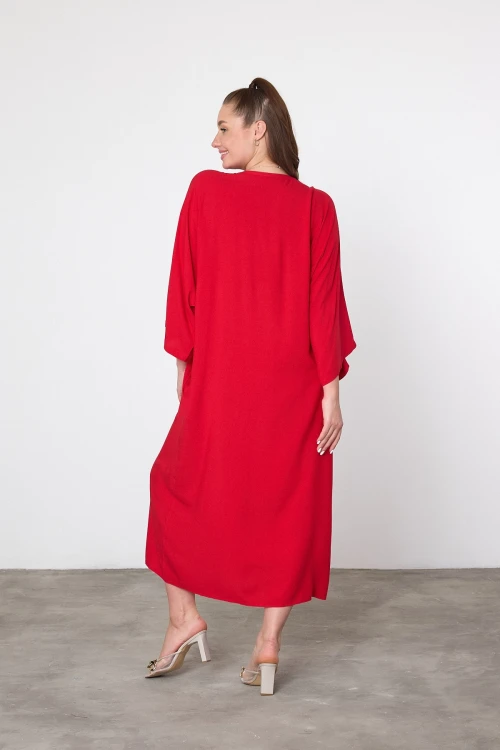 Maxi Boy Kırmızı Nakış İşlemeli Dokuma Viscon Elbise BCVL-25V040