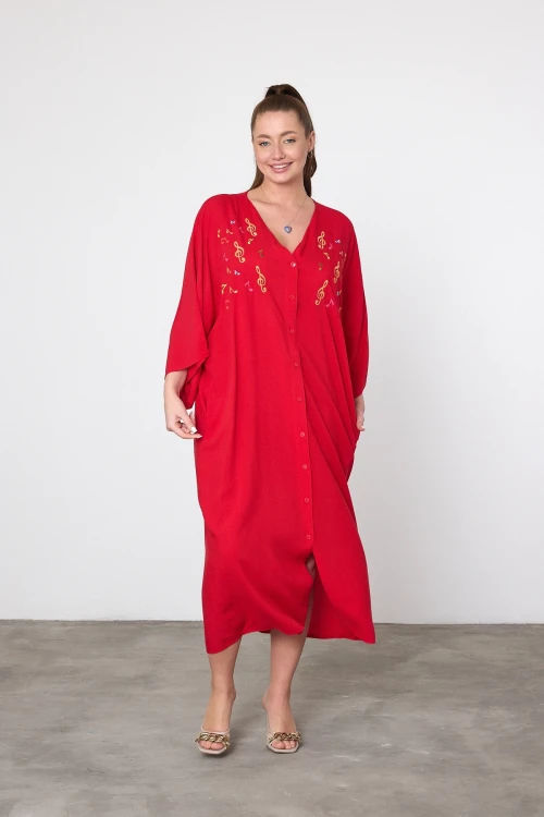 Maxi Boy Kırmızı Nakış İşlemeli Dokuma Viscon Elbise BCVL-25V040
