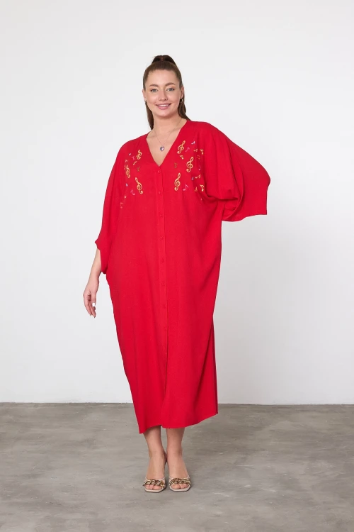 Maxi Boy Kırmızı Nakış İşlemeli Dokuma Viscon Elbise BCVL-25V040