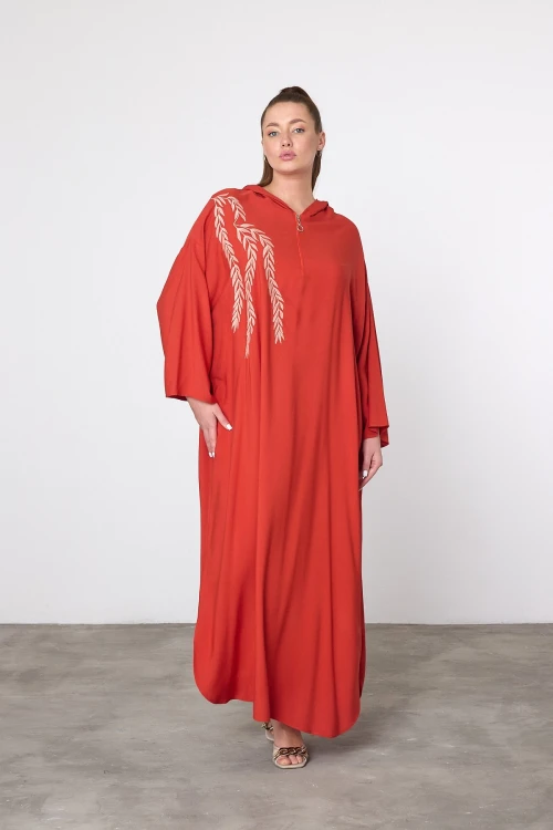 Maxi Boy Kırmızı Nakış İşlemeli Örme Viscon Elbise BCVL-25V037
