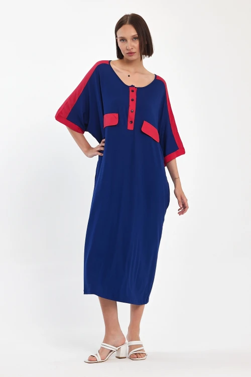 Maxi Boy Lacivert Baskılı Dokuma Viscon Elbise BCVL-251066