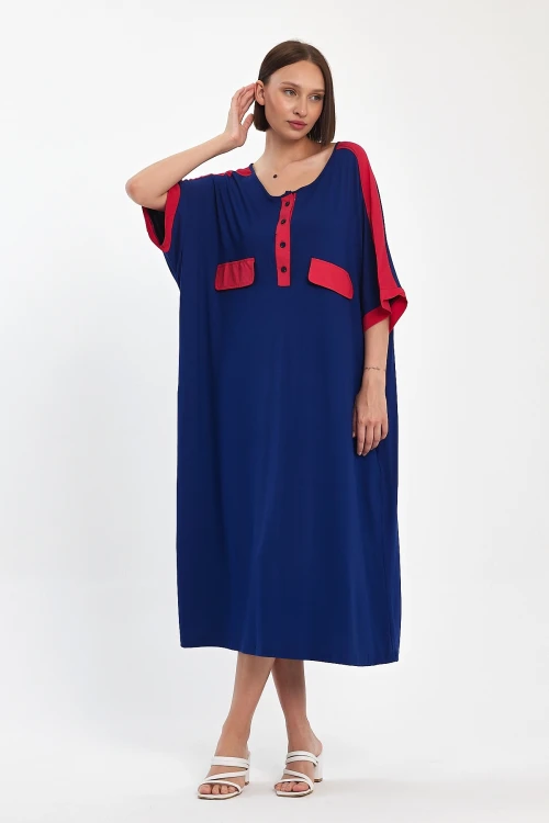 Maxi Boy Lacivert Baskılı Dokuma Viscon Elbise BCVL-251066