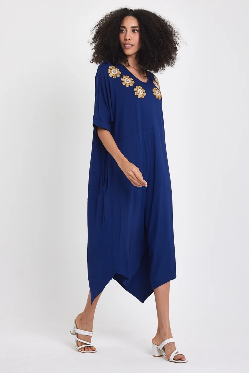 Maxi Boy Lacivert Nakış İşlemeli Örme Viscon Elbise BCVL-251064