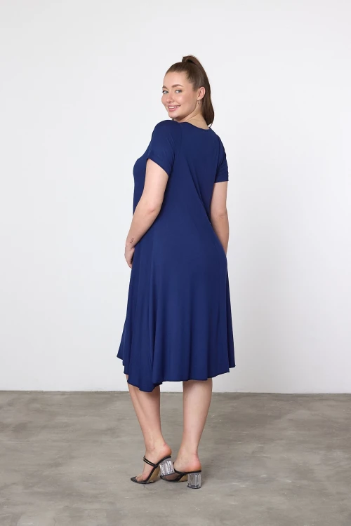 Maxi Boy Lacivert Nakış İşlemeli Örme Viscon Elbise BCVL-25V22