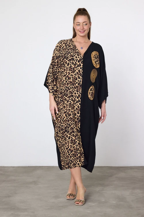 Maxi Boy Leopar Nakış İşlemeli Dokuma Viscon Elbise BCVL-251088