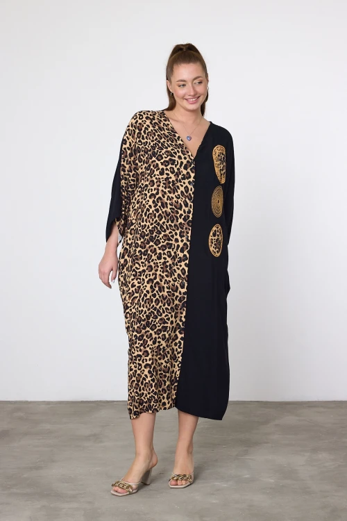 Maxi Boy Leopar Nakış İşlemeli Dokuma Viscon Elbise BCVL-251088