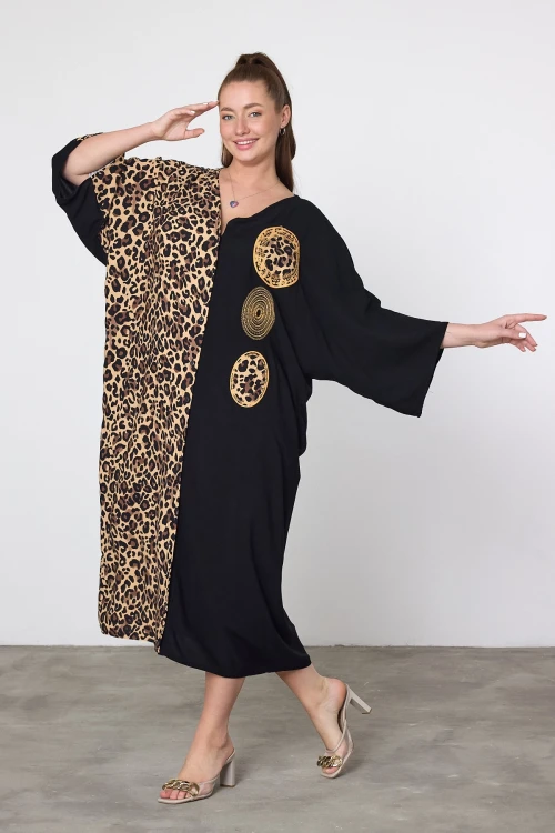 Maxi Boy Leopar Nakış İşlemeli Dokuma Viscon Elbise BCVL-251088