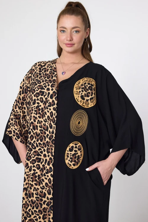 Maxi Boy Leopar Nakış İşlemeli Dokuma Viscon Elbise BCVL-251088