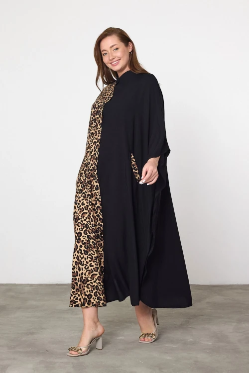 Maxi Boy Leopar Nakış İşlemeli Dokuma Viscon Elbise BCVL-252931