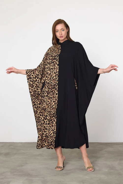 Maxi Boy Leopar Nakış İşlemeli Dokuma Viscon Elbise BCVL-252931