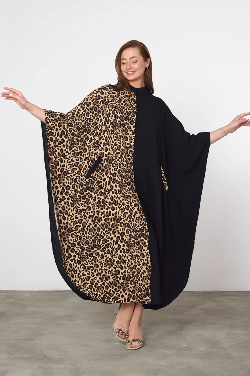 Maxi Boy Leopar Nakış İşlemeli Dokuma Viscon Elbise BCVL-252931
