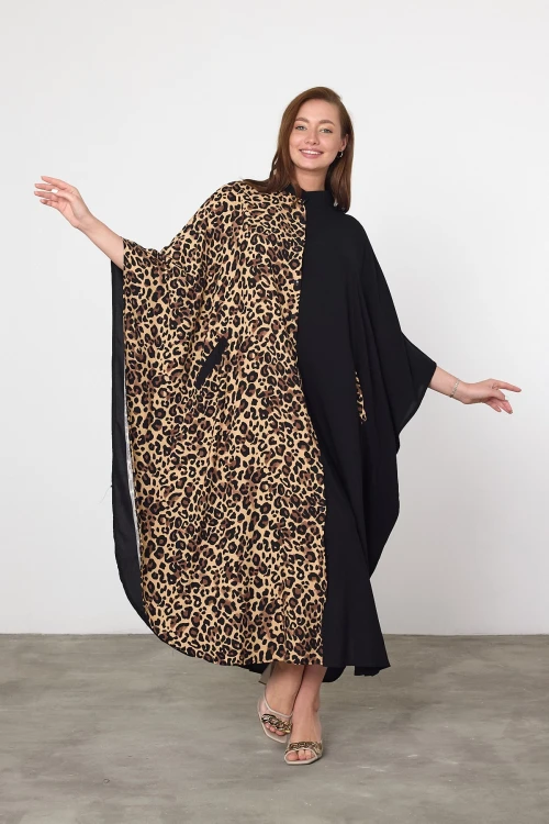 Maxi Boy Leopar Nakış İşlemeli Dokuma Viscon Elbise BCVL-252931