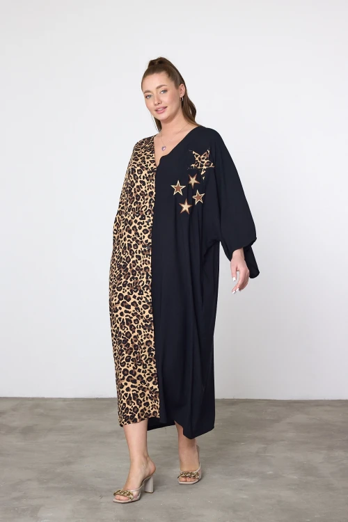 Maxi Boy Leopar Nakış İşlemeli Dokuma Viscon Elbise BCVL-253102