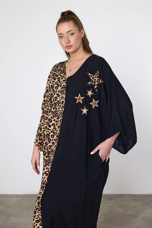 Maxi Boy Leopar Nakış İşlemeli Dokuma Viscon Elbise BCVL-253102