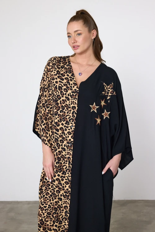 Maxi Boy Leopar Nakış İşlemeli Dokuma Viscon Elbise BCVL-253102