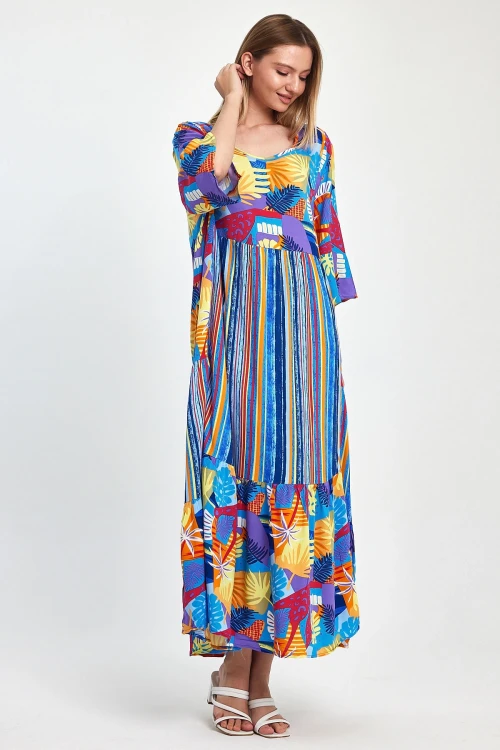 Maxi Boy Mavi Baskılı Dokuma Viscon Elbise BCVL-258188