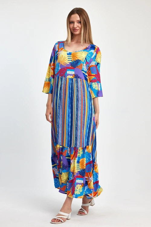 Maxi Boy Mavi Baskılı Dokuma Viscon Elbise BCVL-258188