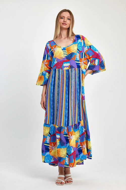 Maxi Boy Mavi Baskılı Dokuma Viscon Elbise BCVL-258188