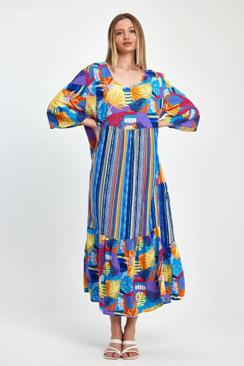 Maxi Boy Mavi Baskılı Dokuma Viscon Elbise BCVL-258188