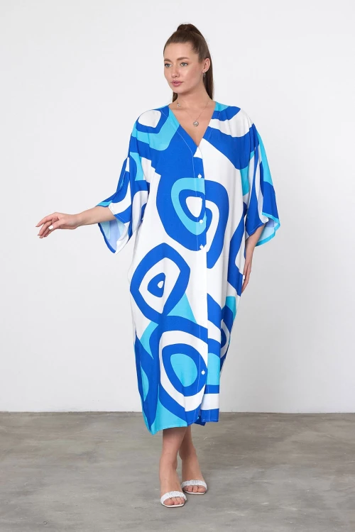 Maxi Boy Mavi Baskılı Dokuma Viscon Elbise BCVL-25905