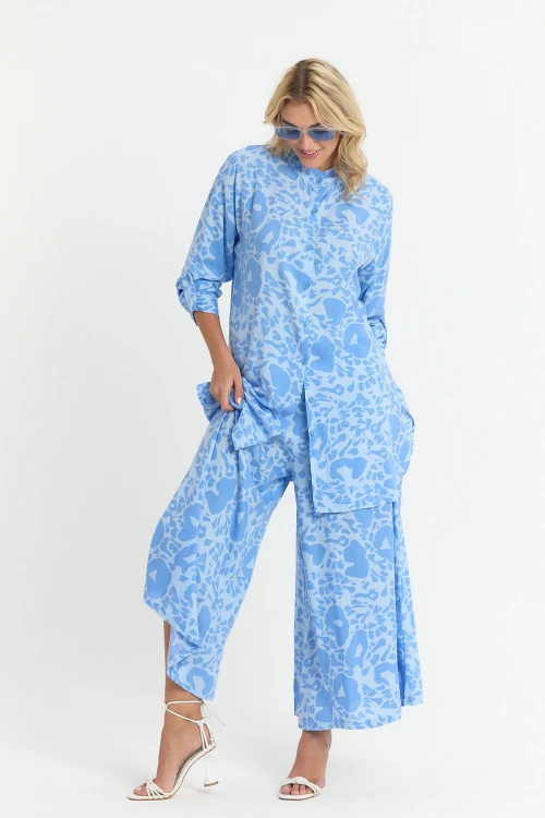Mavi Çiçek Desenli Uzun Tunik Ve Pantolon Dokuma Viscon Alt Üst Takım BCVL-25V053-2