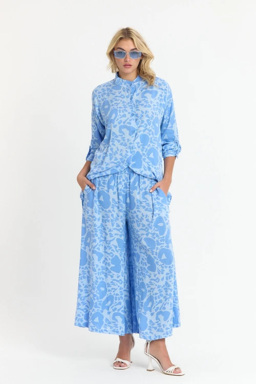 Mavi Çiçek Desenli Uzun Tunik Ve Pantolon Dokuma Viscon Alt Üst Takım BCVL-25V053-2