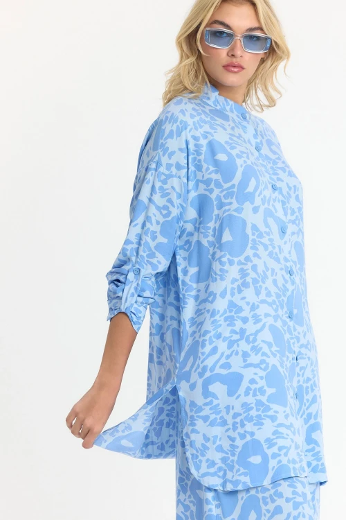 Mavi Çiçek Desenli Uzun Tunik Ve Pantolon Dokuma Viscon Alt Üst Takım BCVL-25V053-2