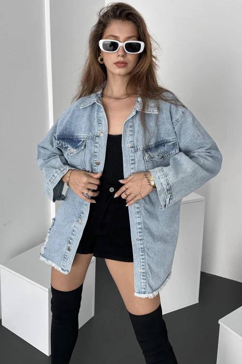 Mavi Çift Cepli Yırtık Detaylı Oversize Gömlek Ceket BCDF-245414