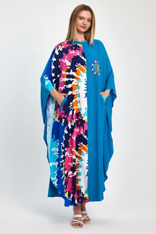 Maxi Boy Mavi Nakış İşlemeli Dokuma Viscon Elbise BCVL-251076