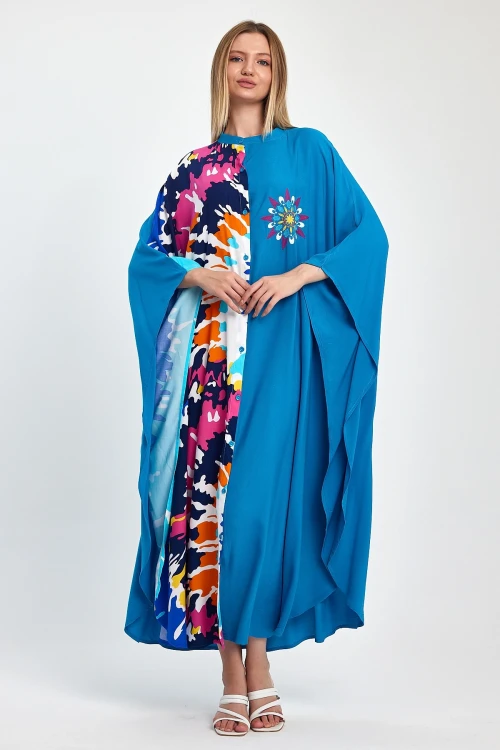 Maxi Boy Mavi Nakış İşlemeli Dokuma Viscon Elbise BCVL-251076