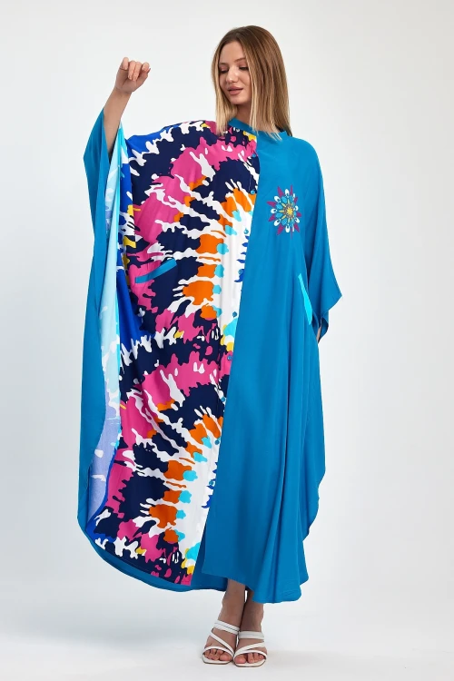 Maxi Boy Mavi Nakış İşlemeli Dokuma Viscon Elbise BCVL-251076