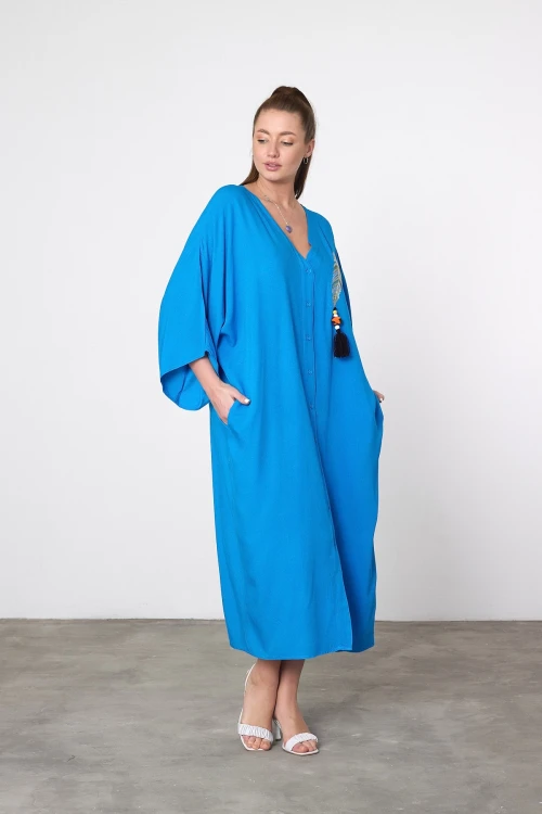 Maxi Boy Mavi Nakış İşlemeli Dokuma Viscon Elbise BCVL-25V039