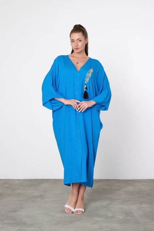 Maxi Boy Mavi Nakış İşlemeli Dokuma Viscon Elbise BCVL-25V039