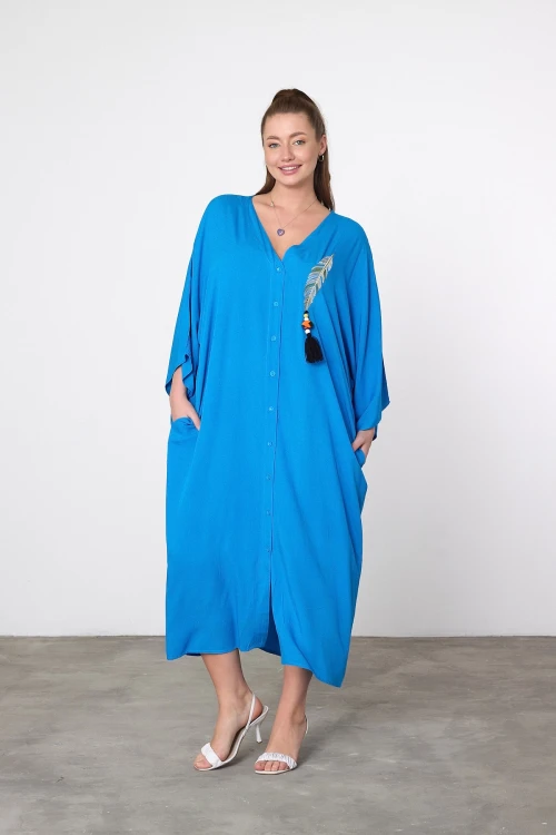 Maxi Boy Mavi Nakış İşlemeli Dokuma Viscon Elbise BCVL-25V039