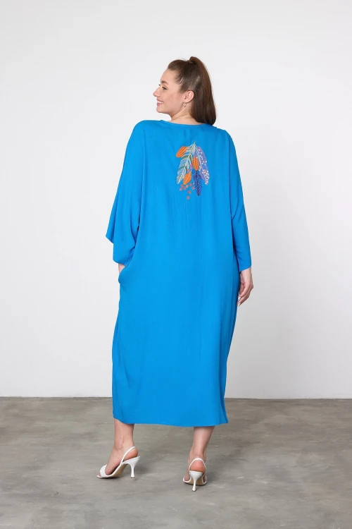 Maxi Boy Mavi Nakış İşlemeli Dokuma Viscon Elbise BCVL-25V039