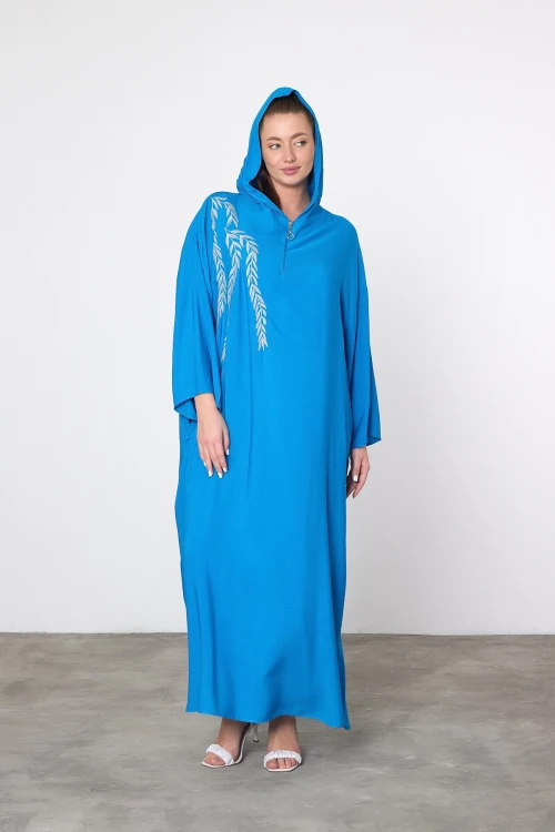 Maxi Boy Mavi Nakış İşlemeli Örme Viscon Elbise BCVL-25V037