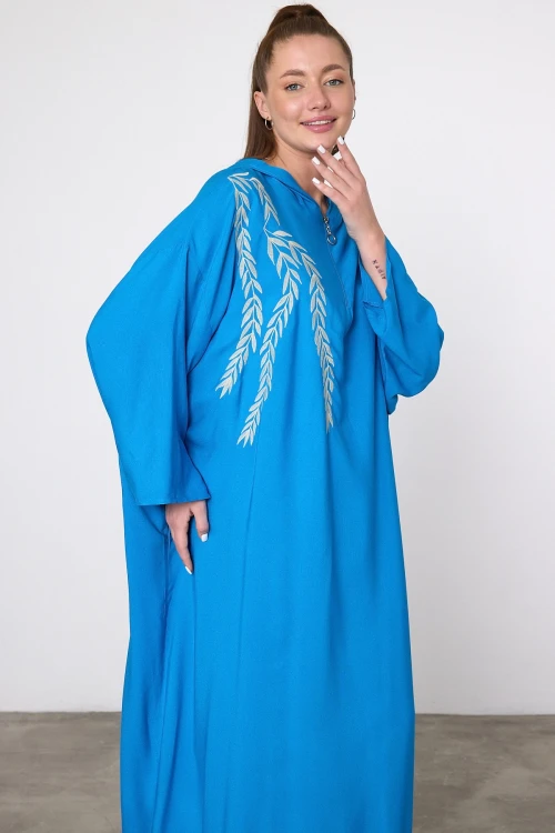 Maxi Boy Mavi Nakış İşlemeli Örme Viscon Elbise BCVL-25V037