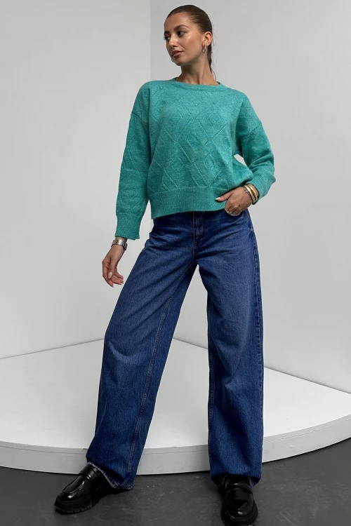 Mint Bisiklet Yaka Baklava Desenli Triko Kazak BC24A1001