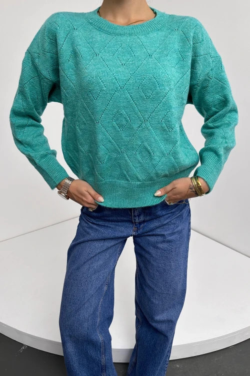 Mint Bisiklet Yaka Baklava Desenli Triko Kazak BC24A1001