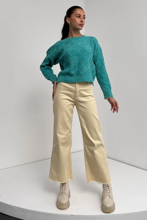 Mint Bisiklet Yaka Desenli Dokulu Triko Kazak BC24A1002