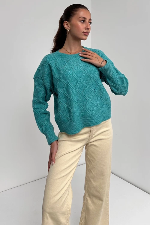 Mint Bisiklet Yaka Desenli Dokulu Triko Kazak BC24A1002