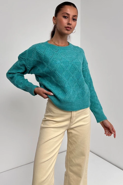 Mint Bisiklet Yaka Desenli Dokulu Triko Kazak BC24A1002