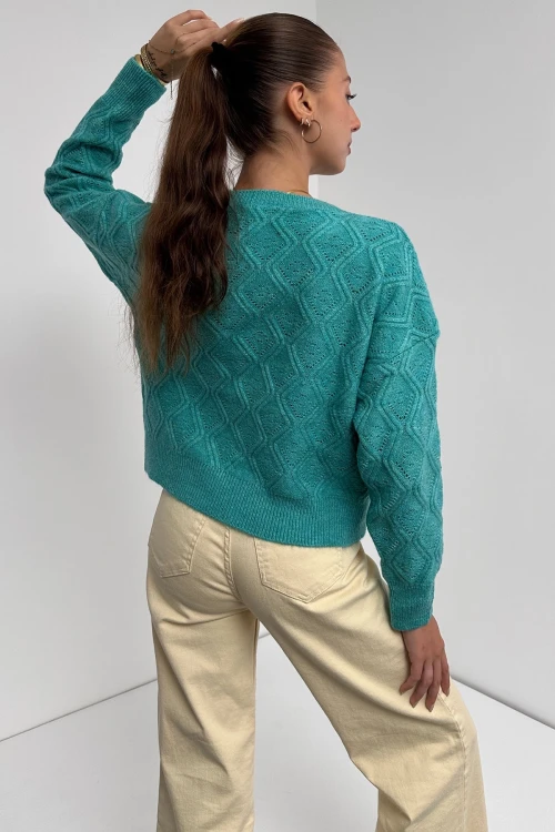 Mint Bisiklet Yaka Desenli Dokulu Triko Kazak BC24A1002