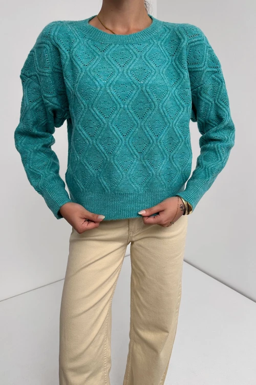 Mint Bisiklet Yaka Desenli Dokulu Triko Kazak BC24A1002