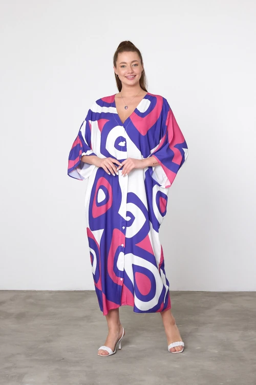 Maxi Boy Mor Baskılı Dokuma Viscon Elbise BCVL-25905