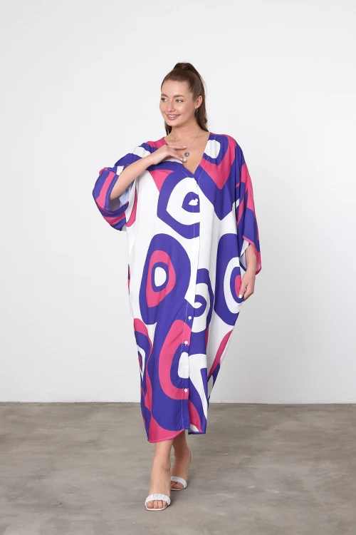 Maxi Boy Mor Baskılı Dokuma Viscon Elbise BCVL-25905