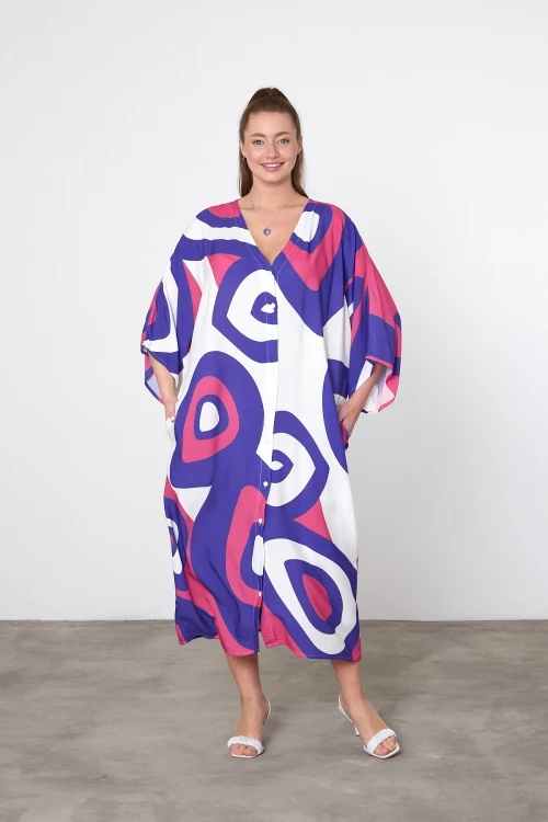 Maxi Boy Mor Baskılı Dokuma Viscon Elbise BCVL-25905