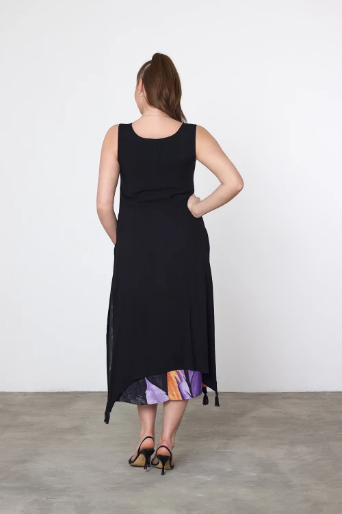 Maxi Boy Mor Baskılı Parça Detaylı Viscon Elbise BCVL-252025