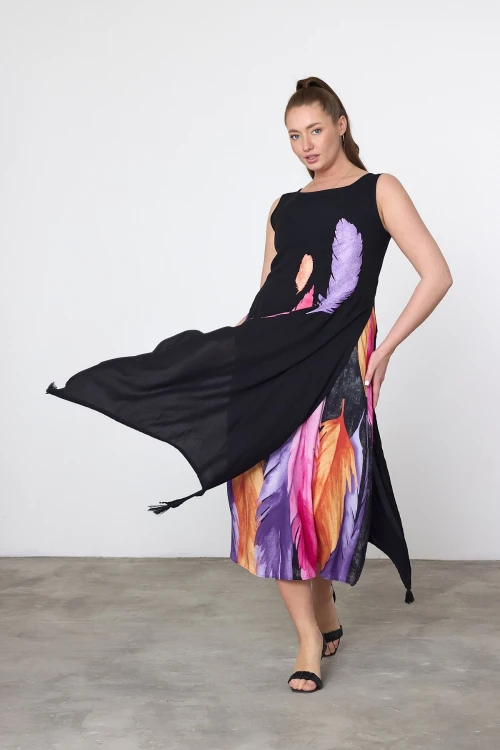 Maxi Boy Mor Baskılı Parça Detaylı Viscon Elbise BCVL-252025