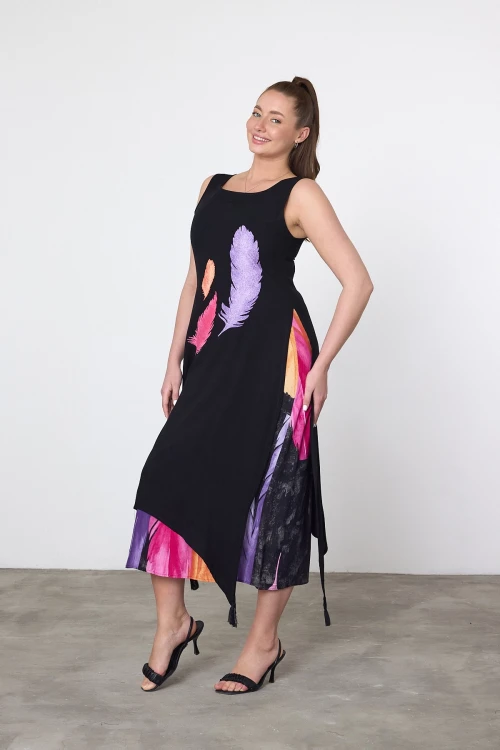 Maxi Boy Mor Baskılı Parça Detaylı Viscon Elbise BCVL-252025